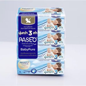 (แบบแพ็ค X 4 ห่อ) Paseo Baby Pure พาซิโอ กระดาษทิชชู กระดาษเช็ดหน้า สูตรอ่อนโยน หนา 3 เท่า 130 แผ่น/ห่อ